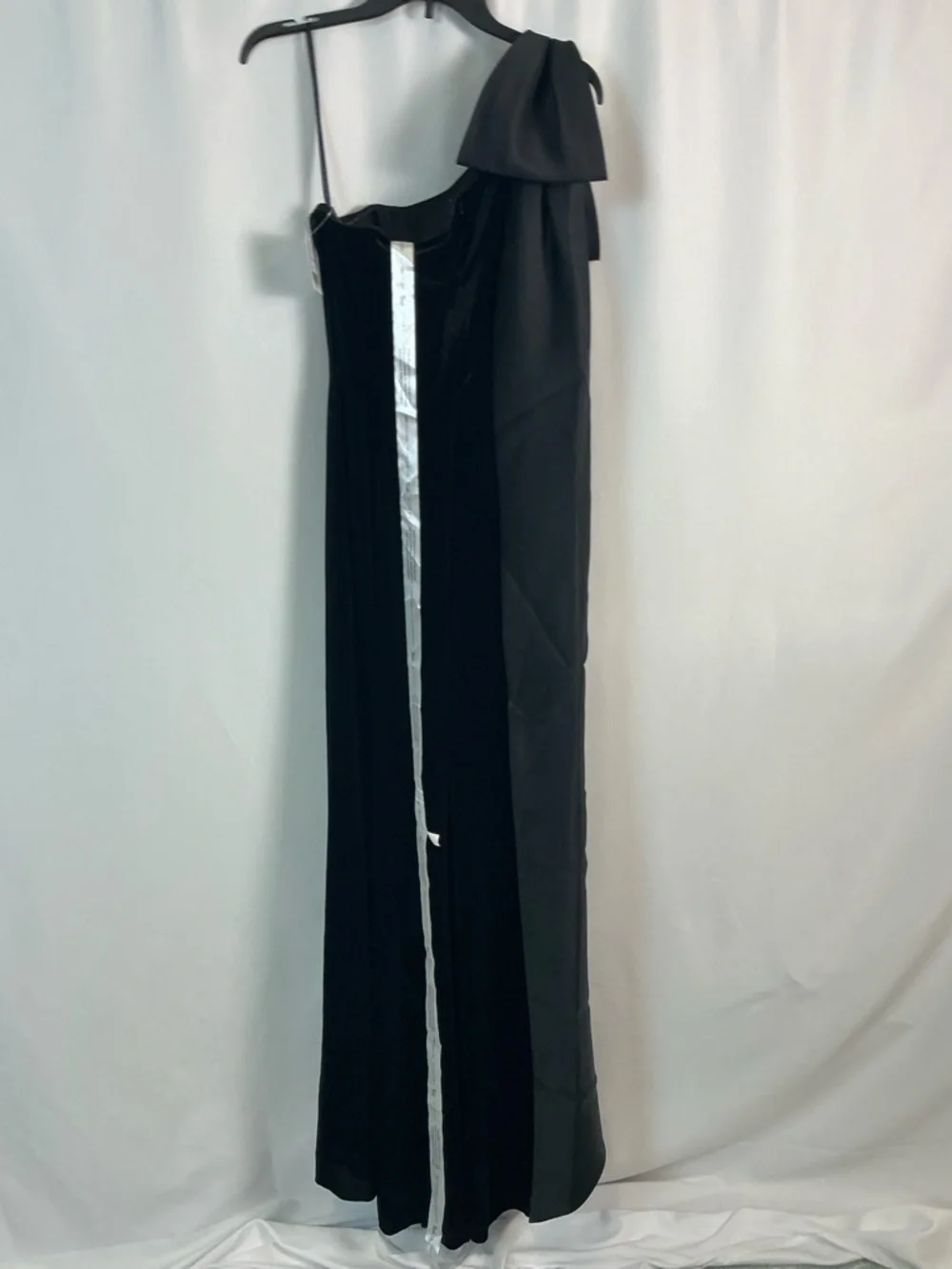 Dessy Collection Black One-Shoulder Velvet Gown with Dramatic Satin Bow - Picture 3 of 4